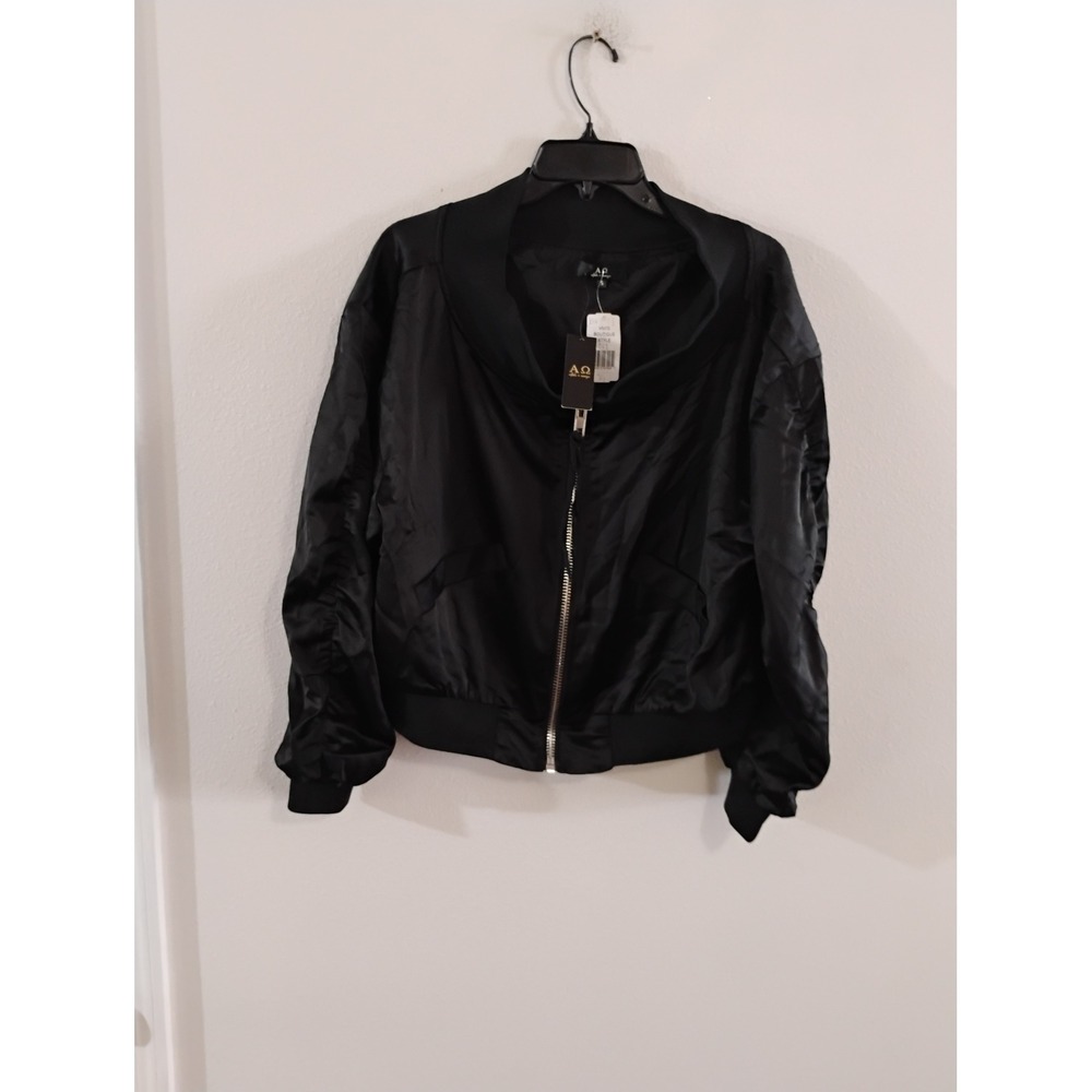 Alpha & Omega Black Satin Ruched Sleeve Bomber Jacket 1817 NWT Womens Small